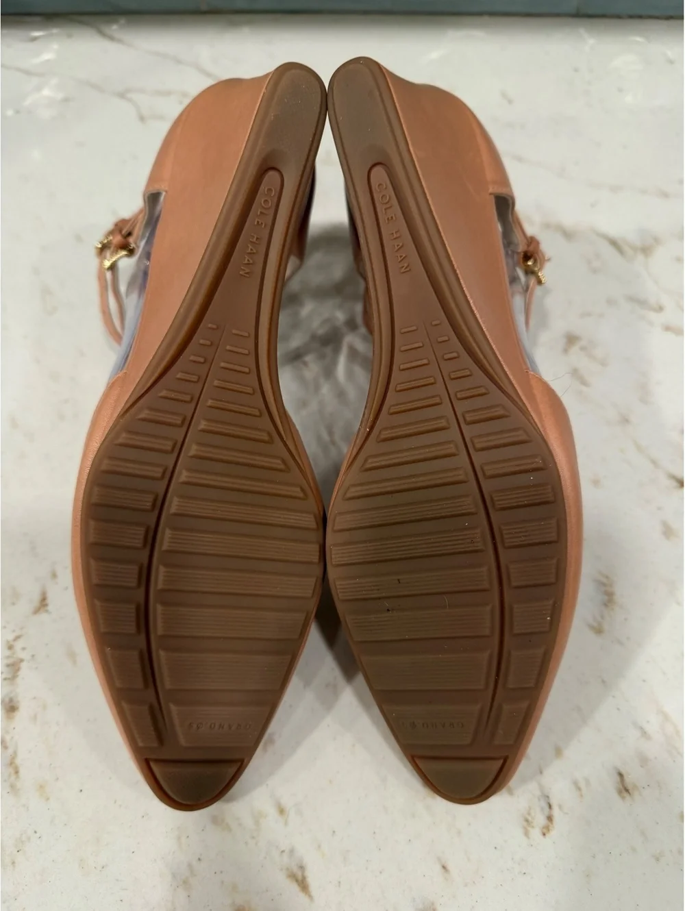Cole Haan Grand.OS Leather Double Ankle Strap Wedge Pumps - Tan / Nude Sz